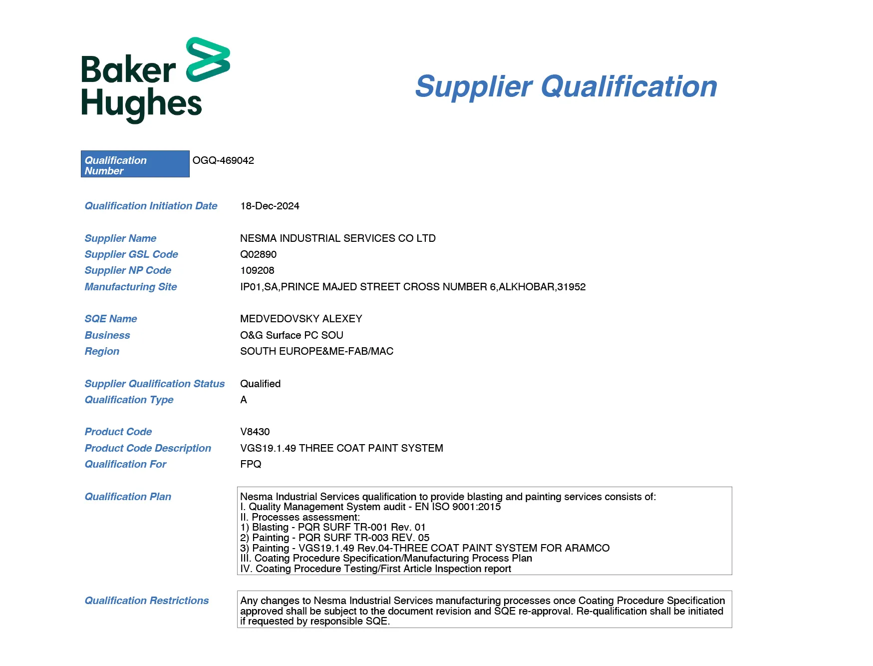 Baker Hughes Qualification Certificate
